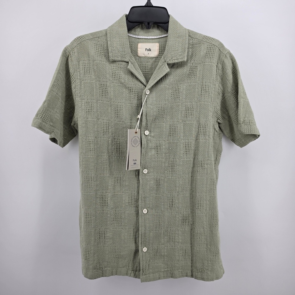 Folk men's Dax Wax SS Shirt Sage Green Textured Cotton Waffle Check Button Up